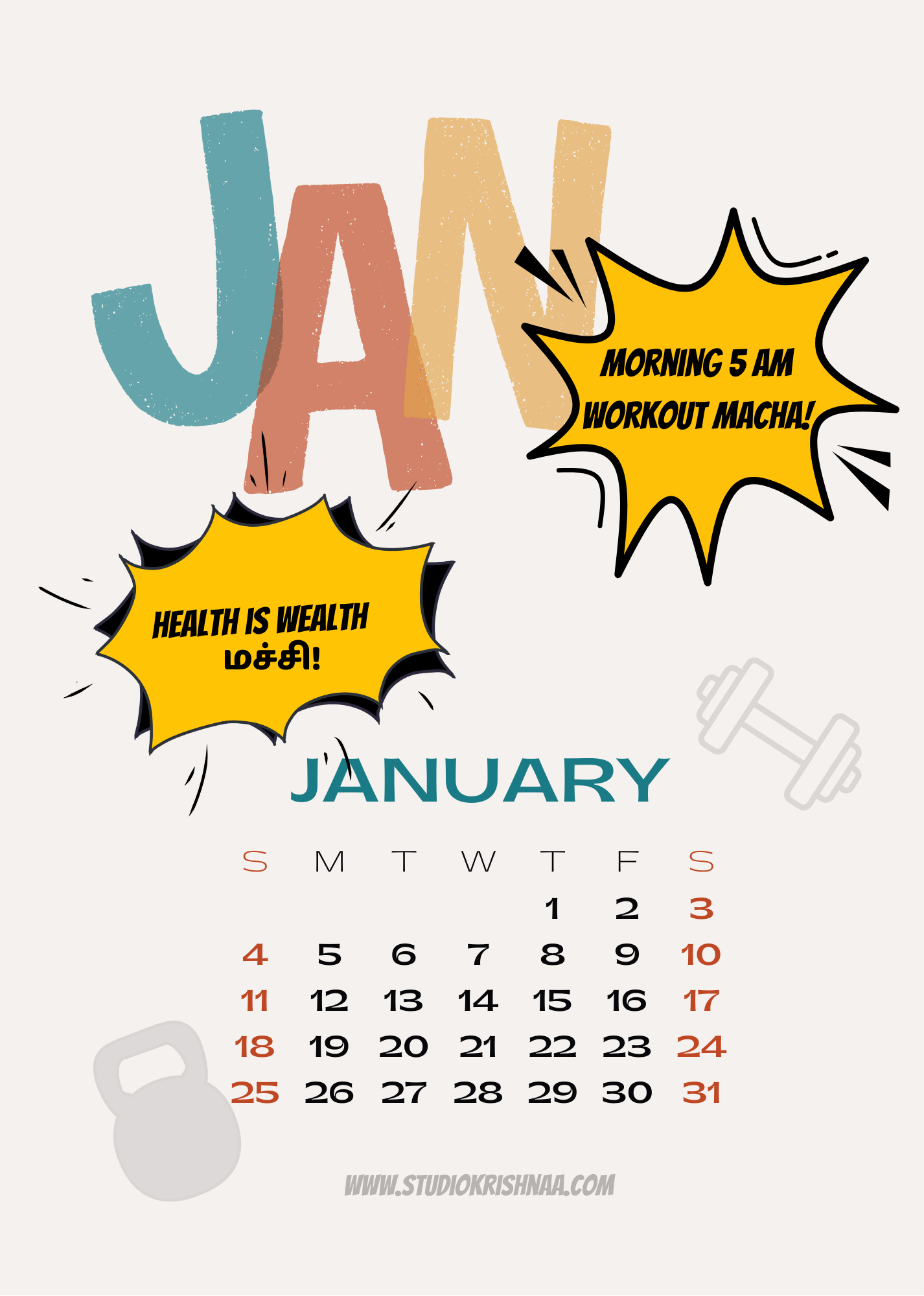 Funny Gym Resolution Desktop Calendar A5 Minimalist White Spiral Bound Portrait Desk Calendar with Humorous Friend Dialogues